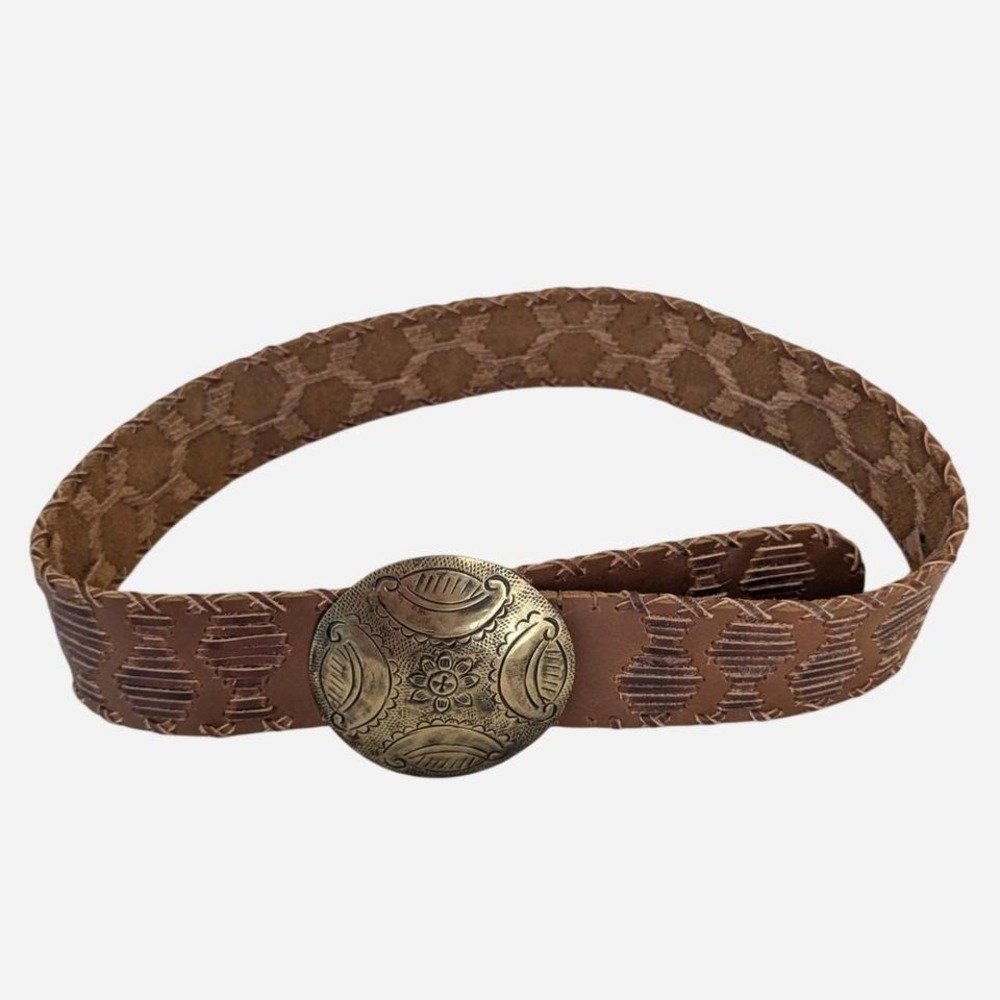 Chico's Brown Embossed Leather Belt Large Brass Concho Buckle OS - Picture 8 of 8